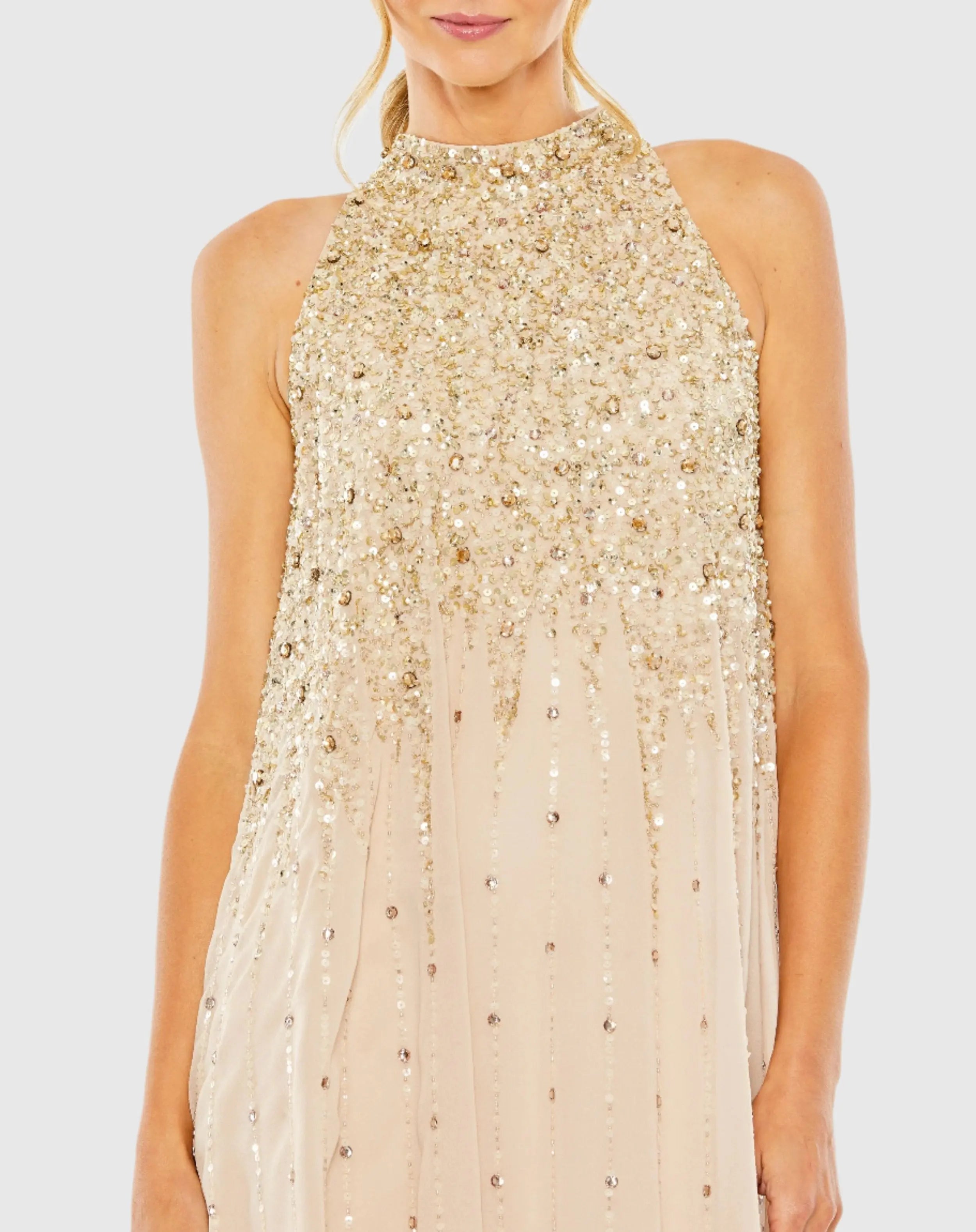 Beige High Neck Sleeveless Sequin Embellished Trapeze Dress