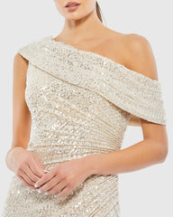 Beige Sequined Drop Shoulder Gown