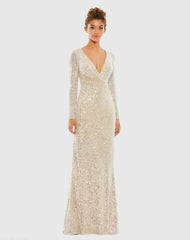 Sequined Faux Wrap Long Sleeve Column Gown