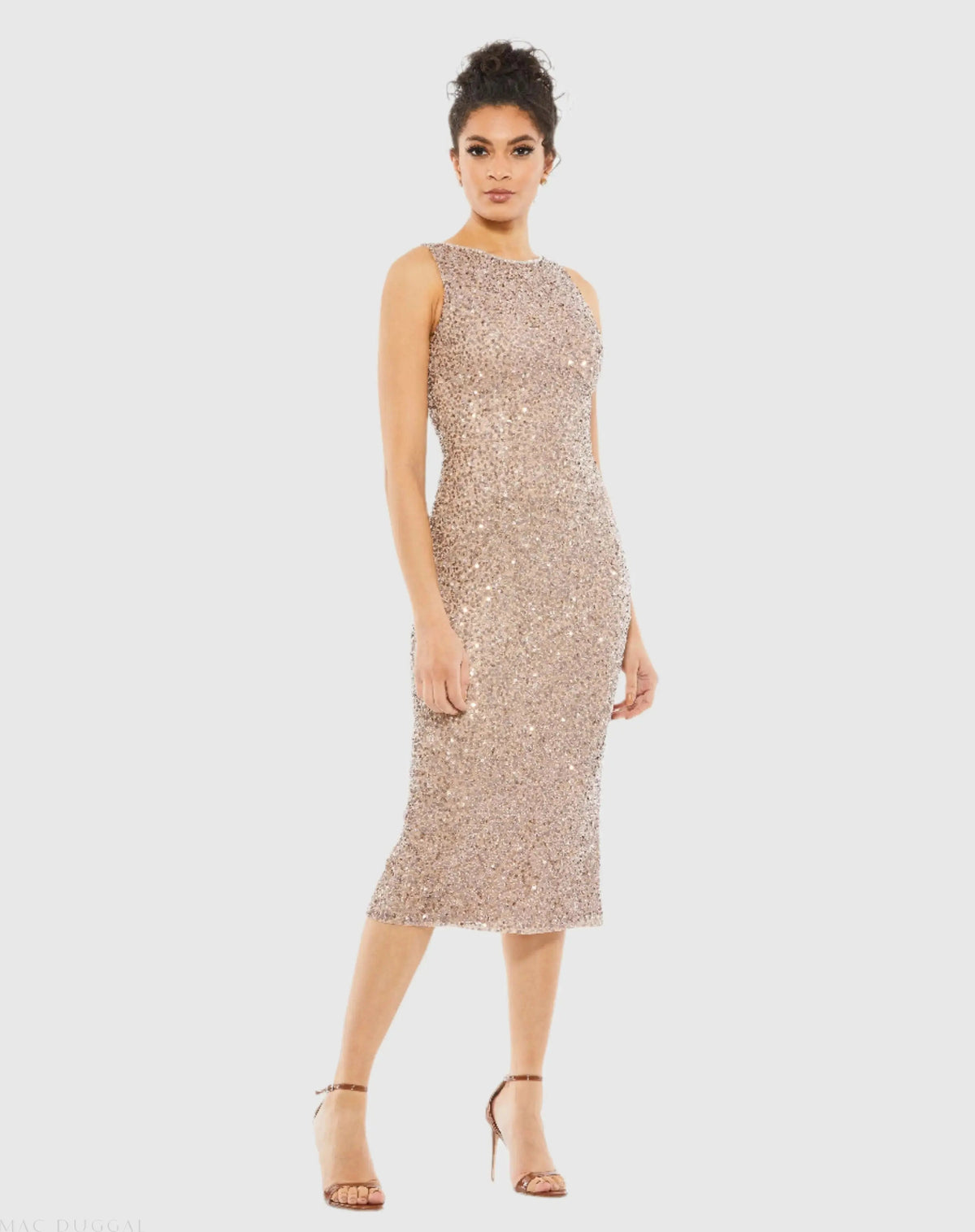 Beige Sleeveless Sequined Midi Sheath Dress - FINAL SALE