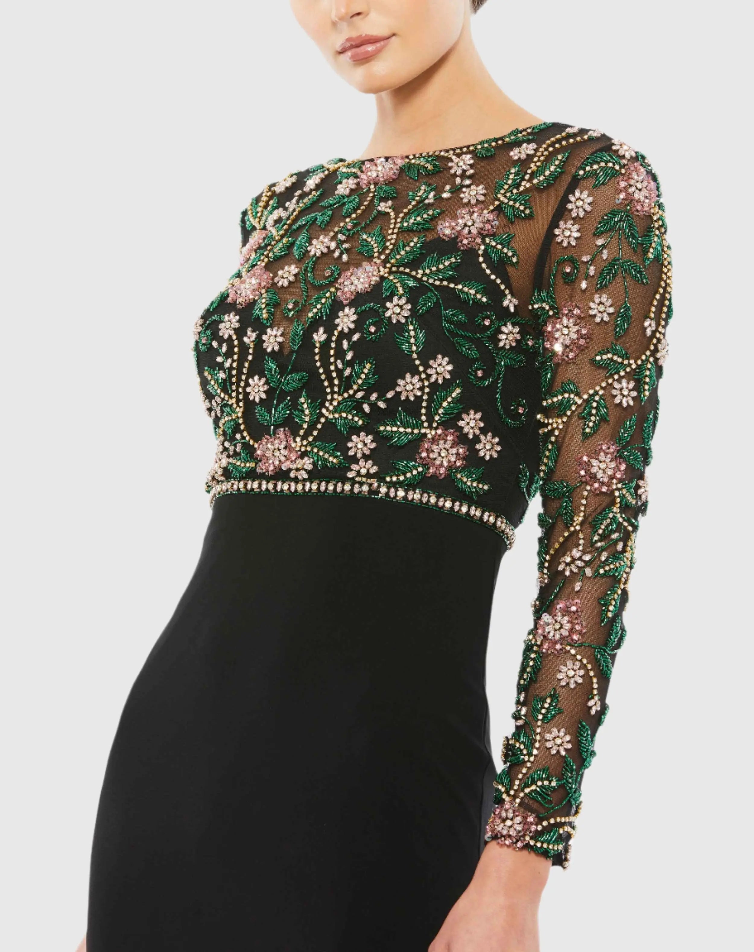 Black Beaded Illusion High Neck Trumpet Gown