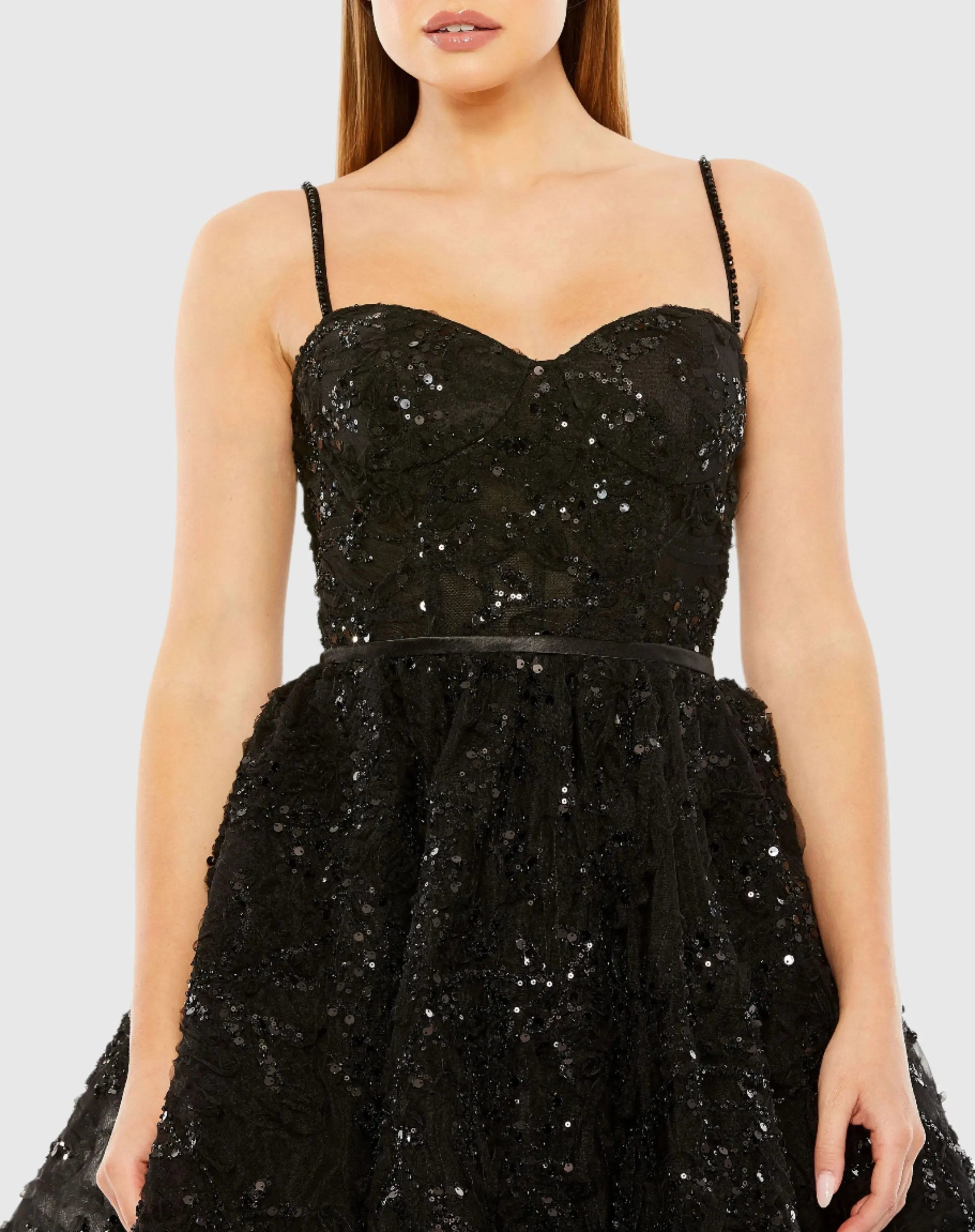 Black Beaded Strap Bustier Sequin Mini Dress