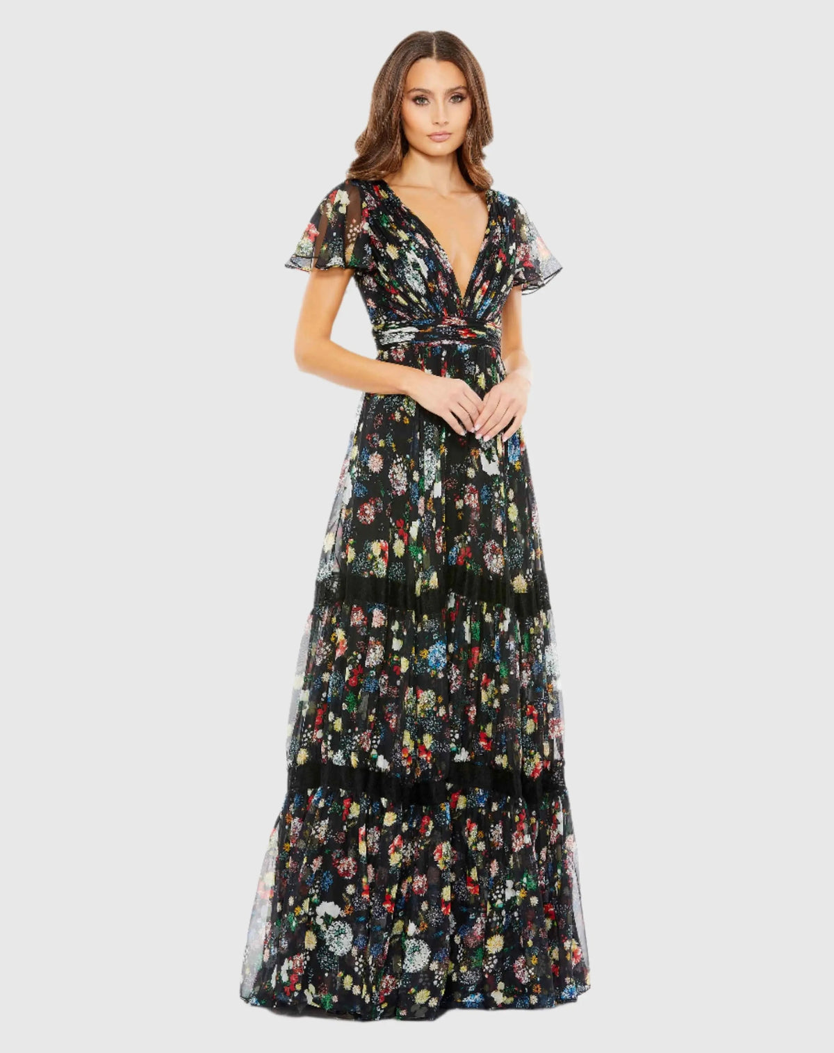 Black Floral Print Pleated Wrap Over Butterfly Sleeve Maxi Dress