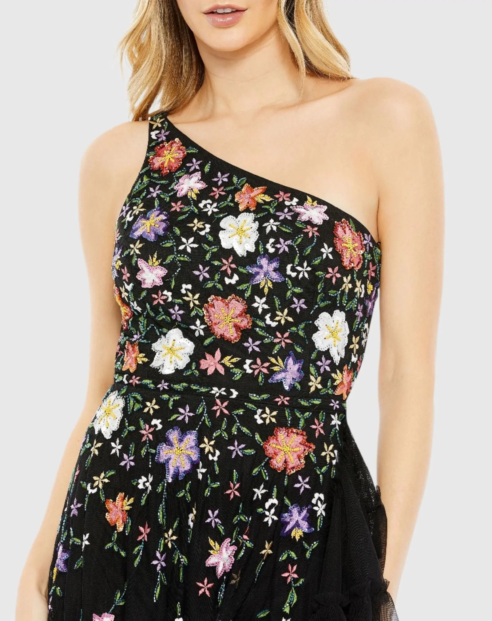 Black Multicolor Embellished One Shoulder Asymmetrical Hem Dress