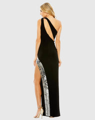 Black One Shoulder Cut Out Mirror Sequin High Slit Gown