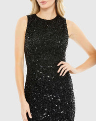 Black Sequined High Neck Sleeveless Flared Dress