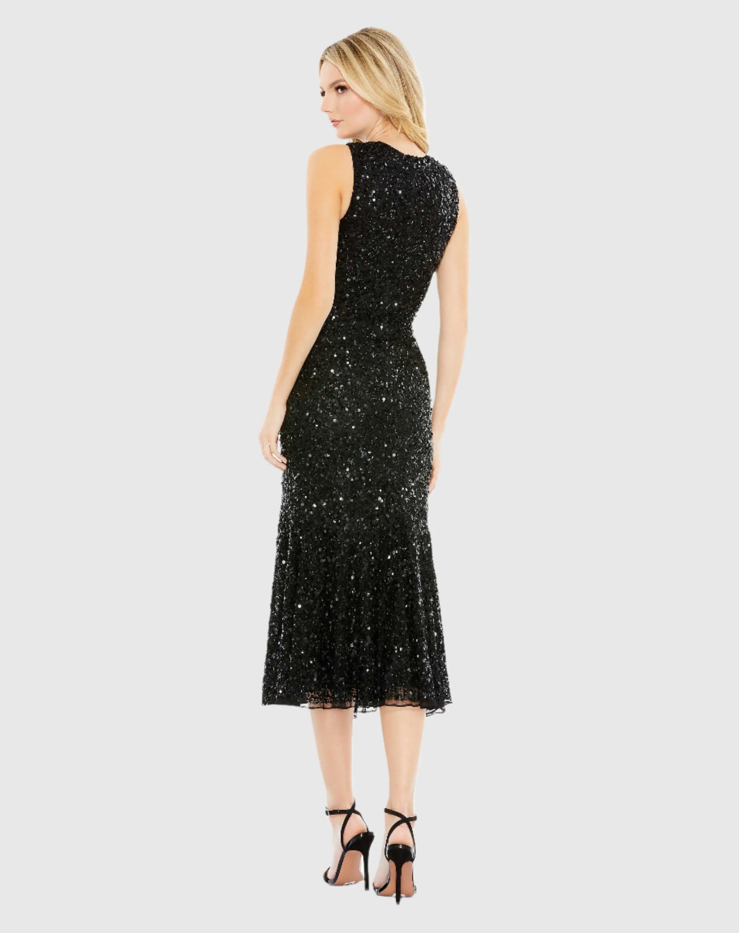 Black Sequined High Neck Sleeveless Flared Dress