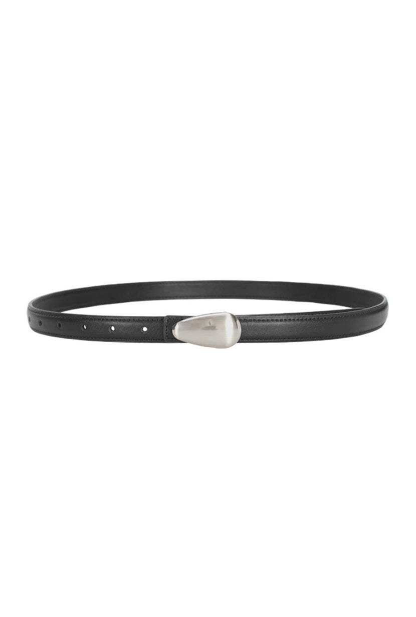 Black and Silver Oval Buckle Thin Leather Belt