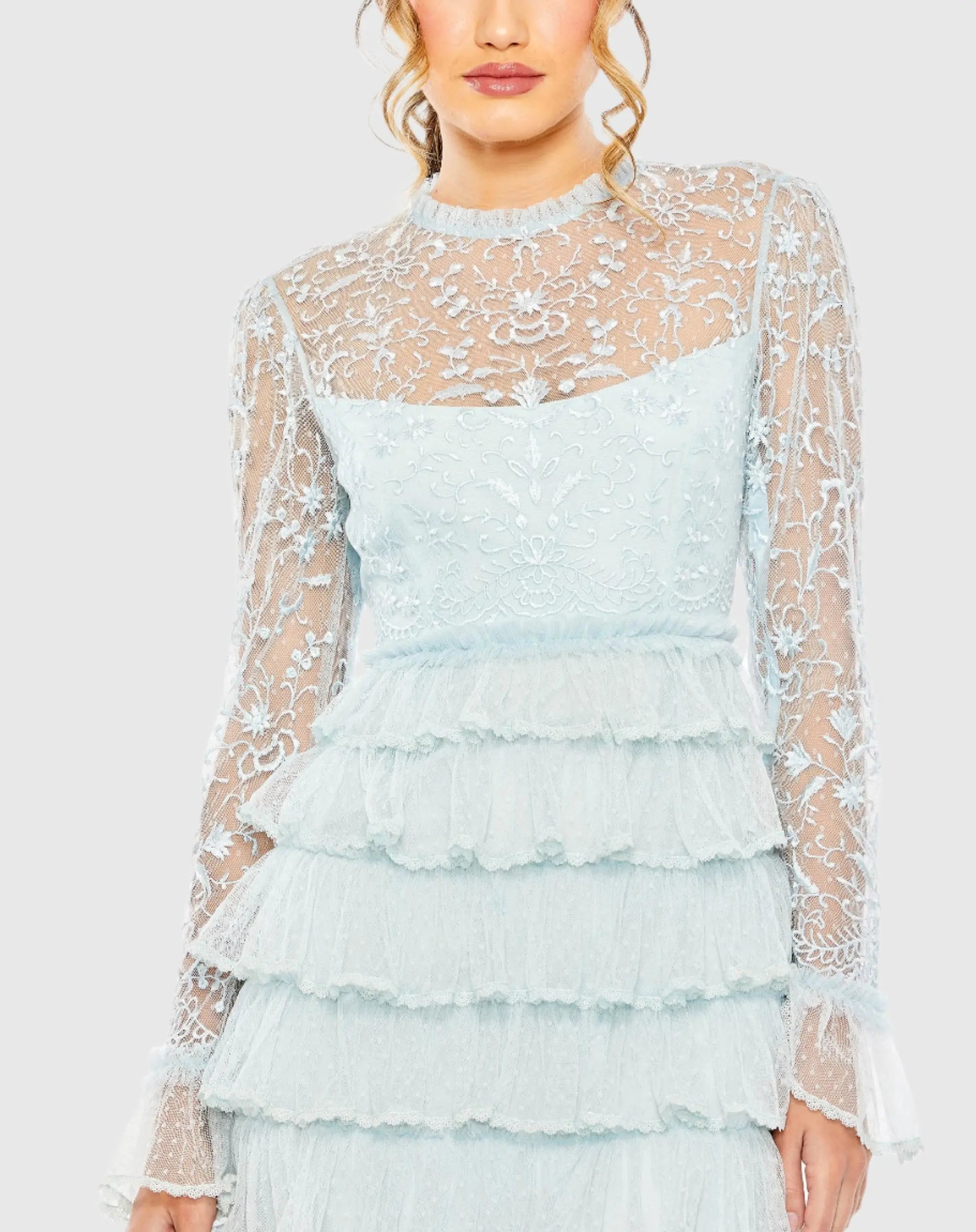 Blue Embroidered Long Sleeve Ruffled Tiered Dress