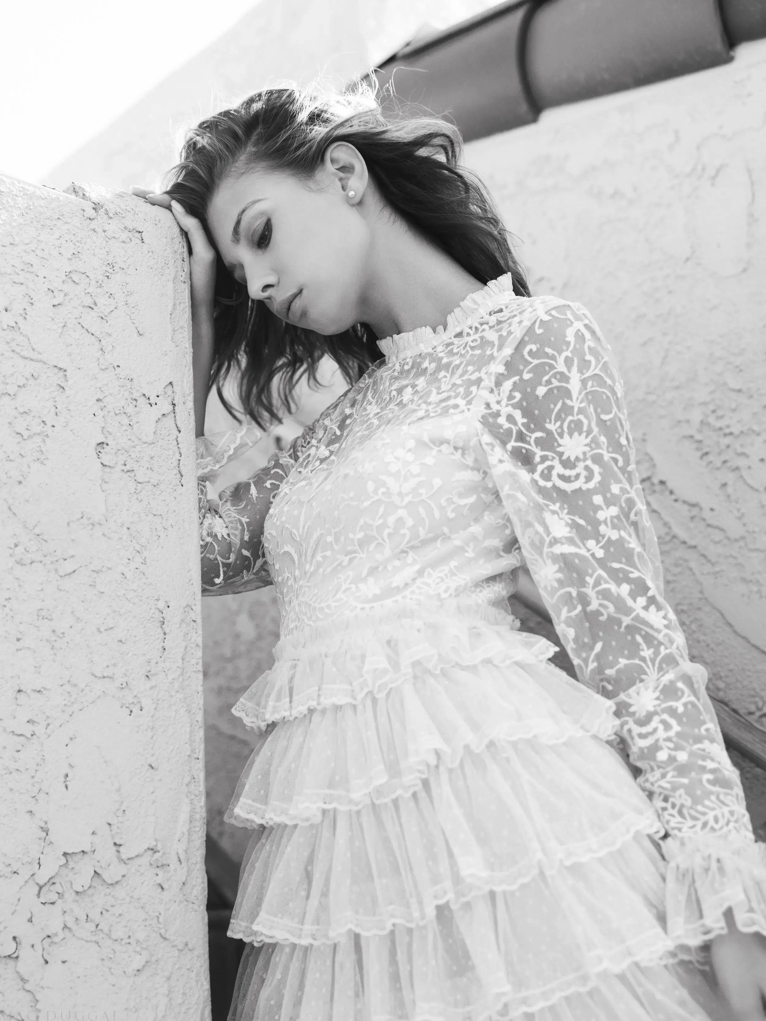 White Embroidered Long Sleeve Ruffled Tiered Dress