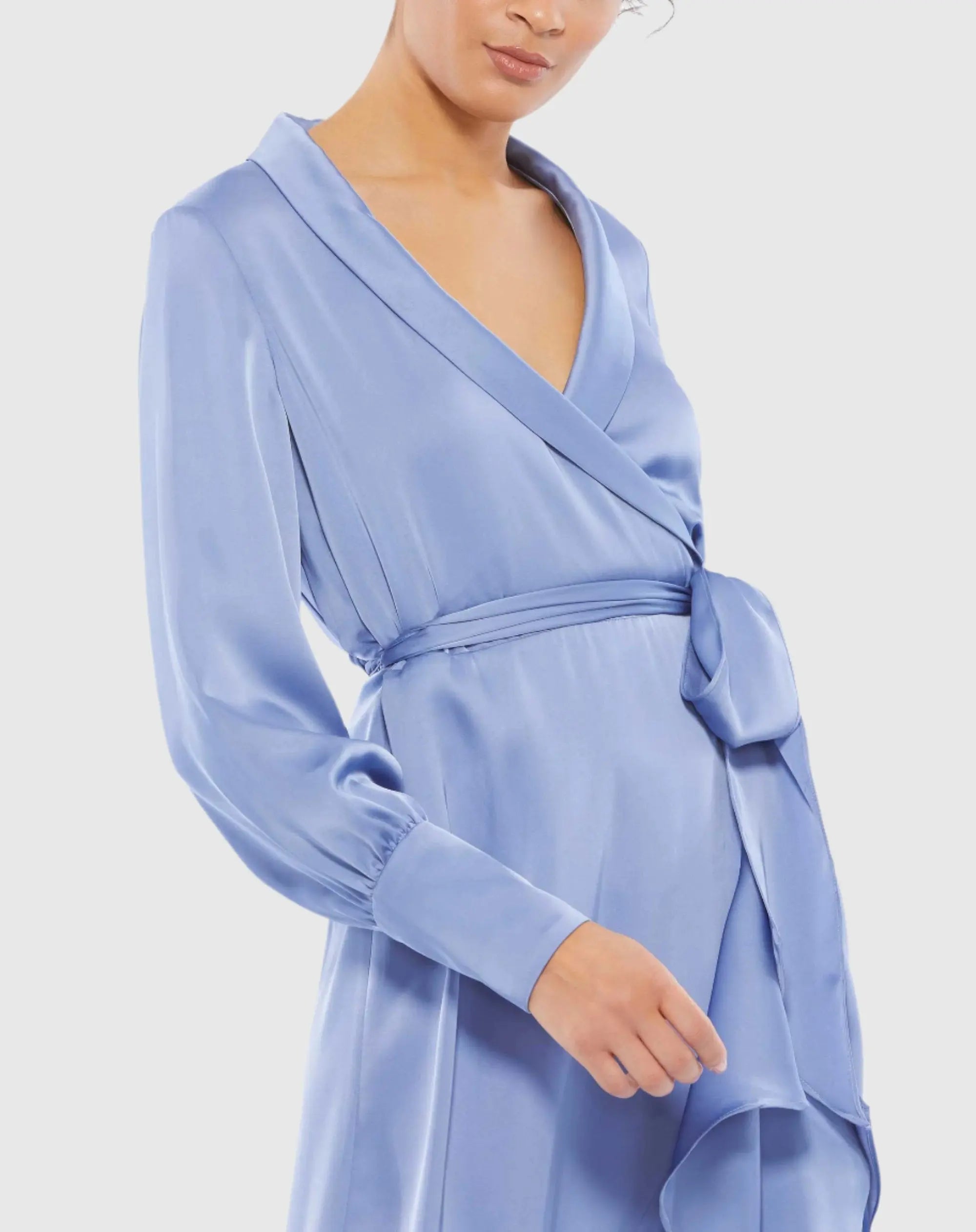 Blue Long Sleeve Faux Wrap Midi Dress