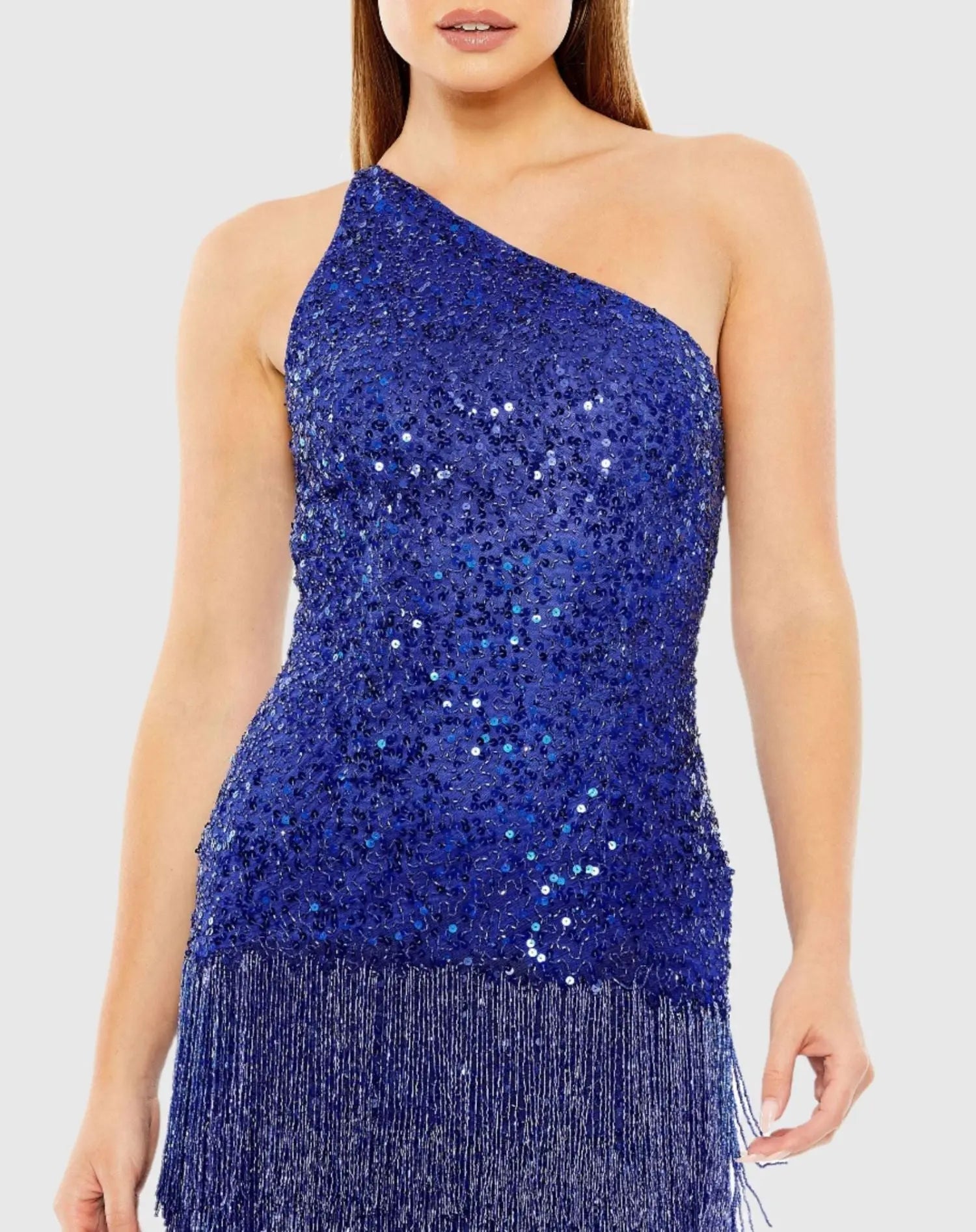 Blue One Shoulder Fringe Beaded Mini Dress