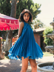 Blue Pleated Halter Neck Flowy Mini Trapeze Dress
