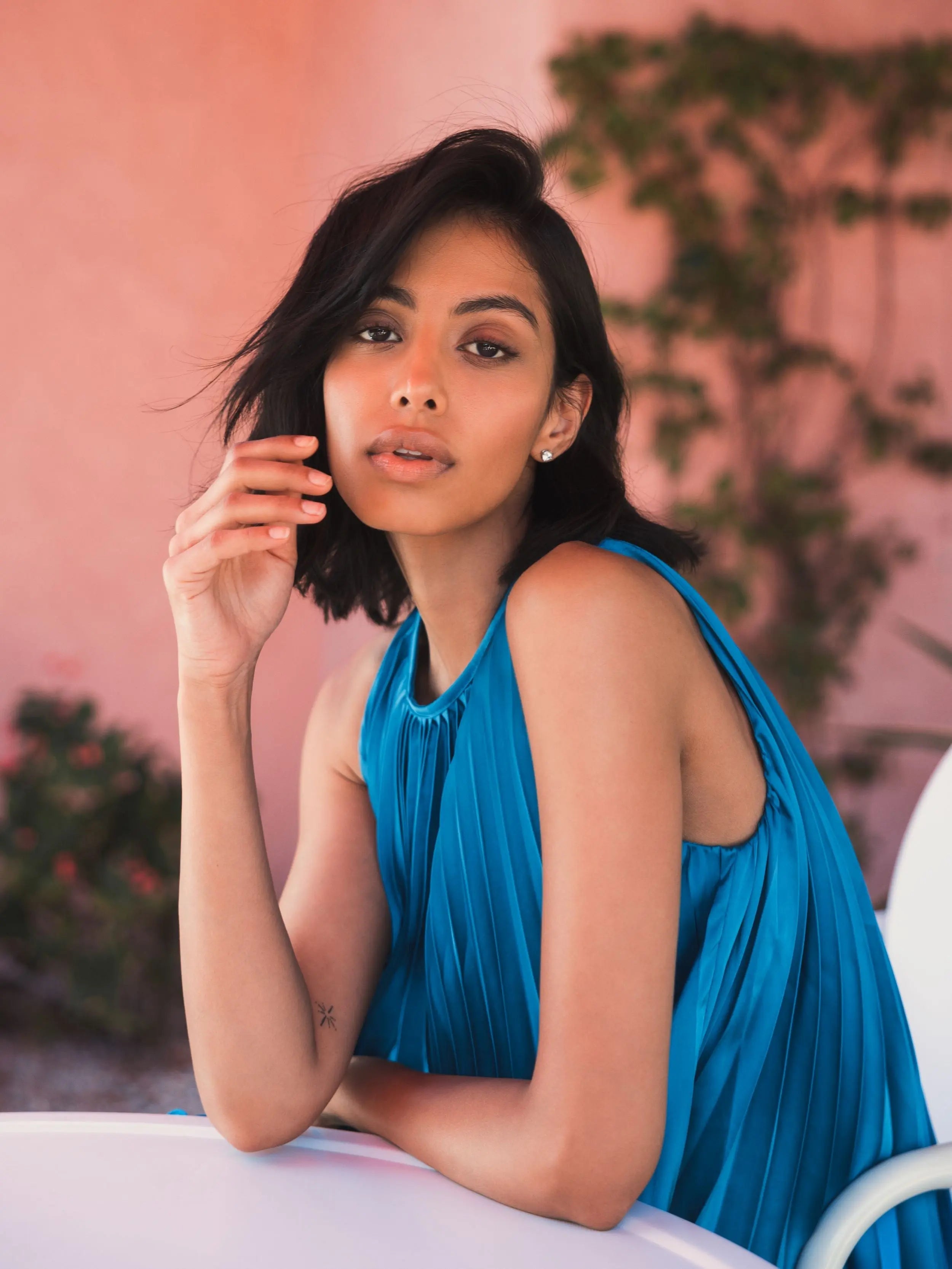 Blue Pleated Halter Neck Flowy Mini Trapeze Dress