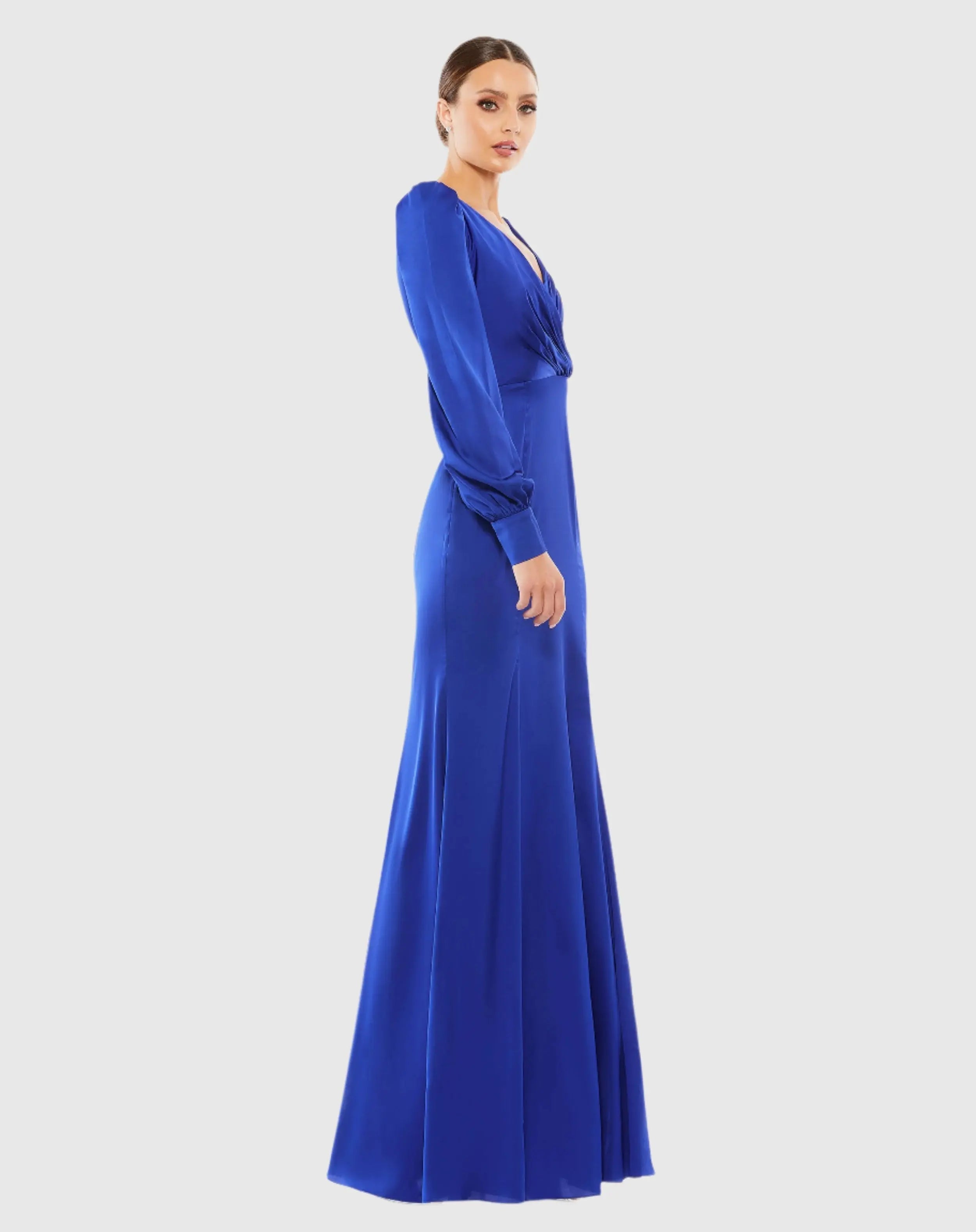 Blue Satin Ruched Bishop Sleeve Gown