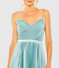 Blue Spaghetti Strap Surplice Top Pleated Dress
