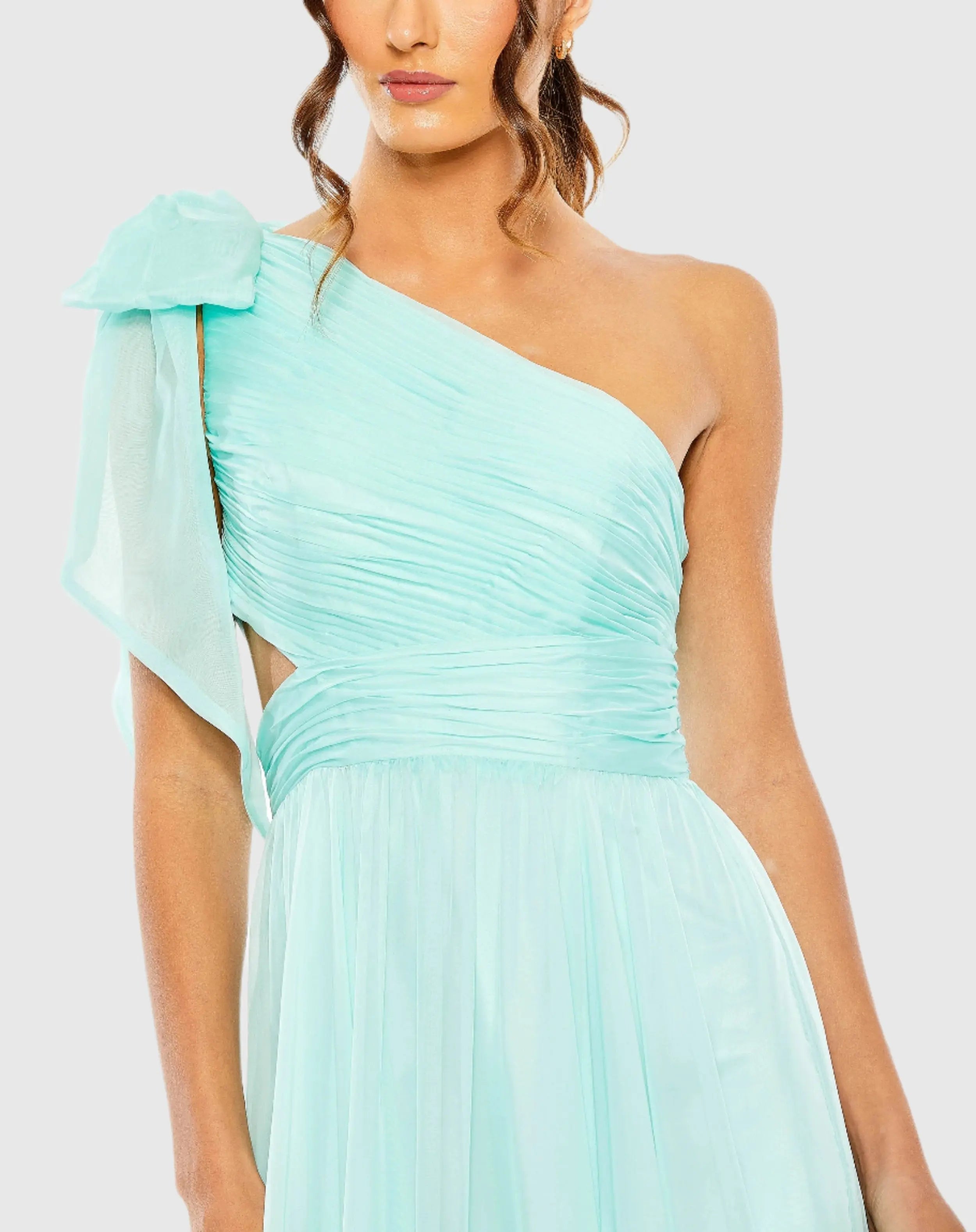 Blue Tiered One Shoulder Ruched Gown
