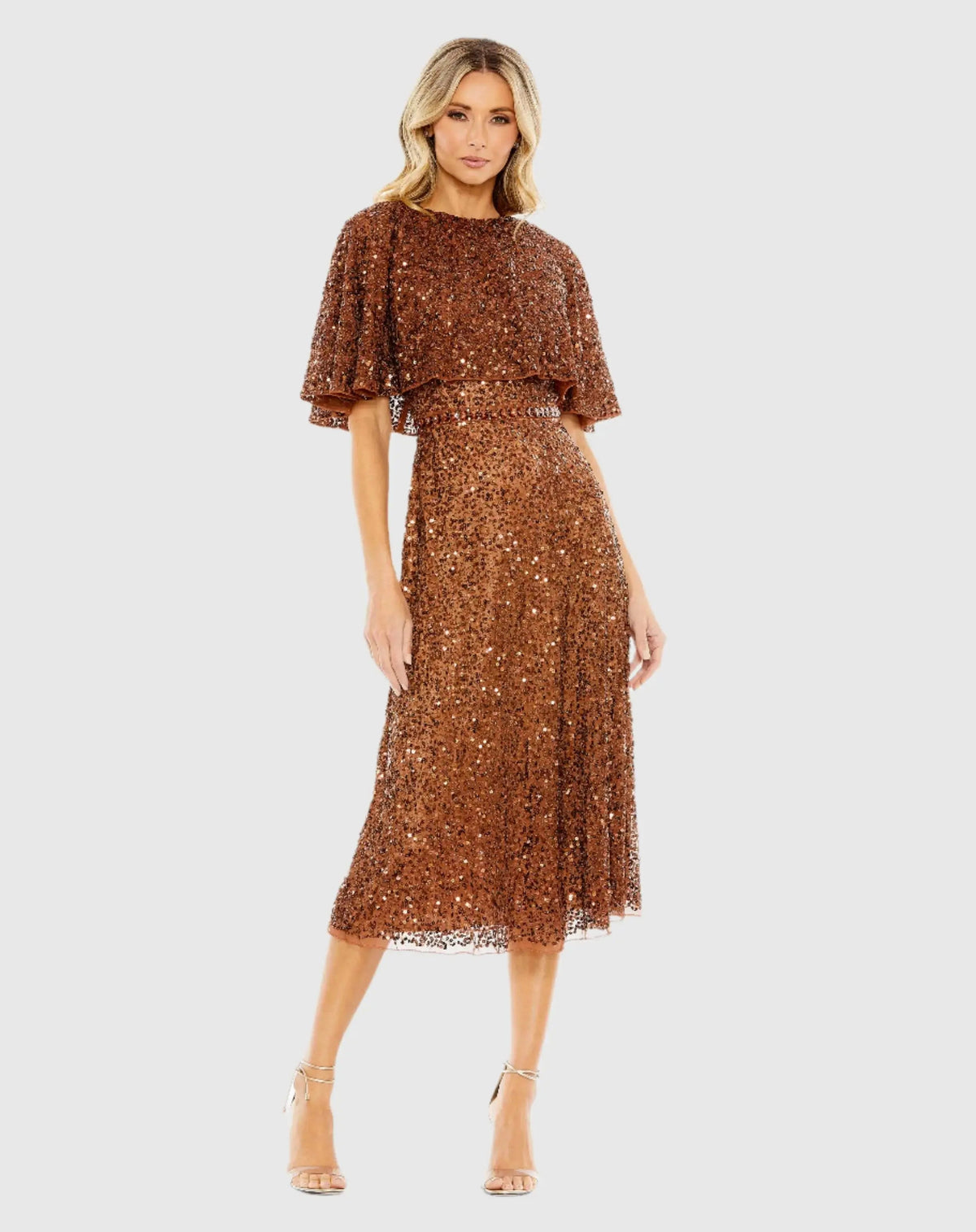 Brown Embellished Cape High Neck Midi Dress