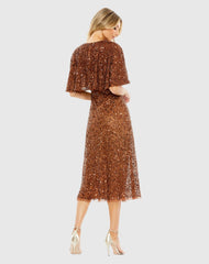 Brown Embellished Cape High Neck Midi Dress