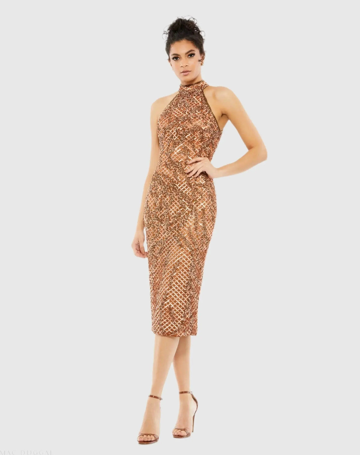 Brown Embellished Halter Midi Dress - FINAL SALE