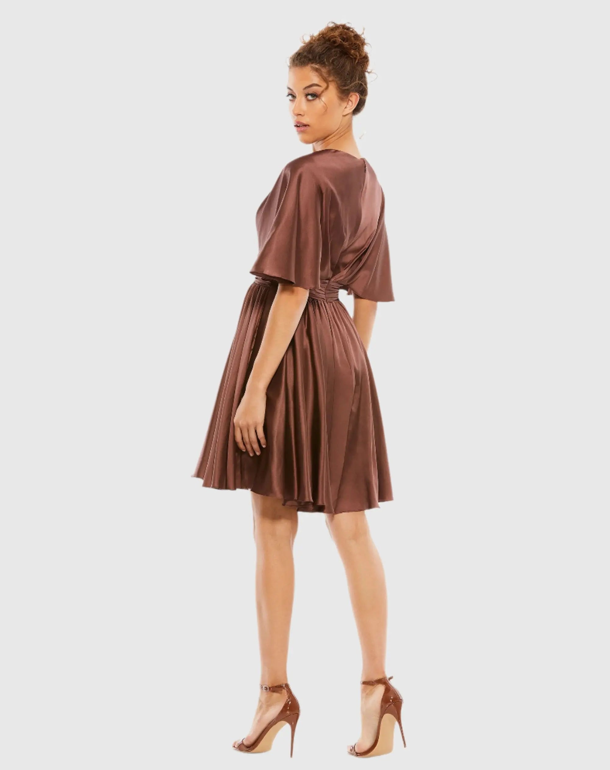 Brown Satin Flowy Cape Sleeve Mini Dress