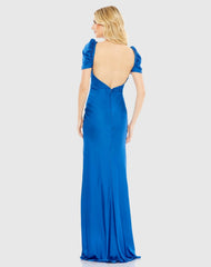 Blue Charmeuse Cap Sleeve Empire Waist Gown