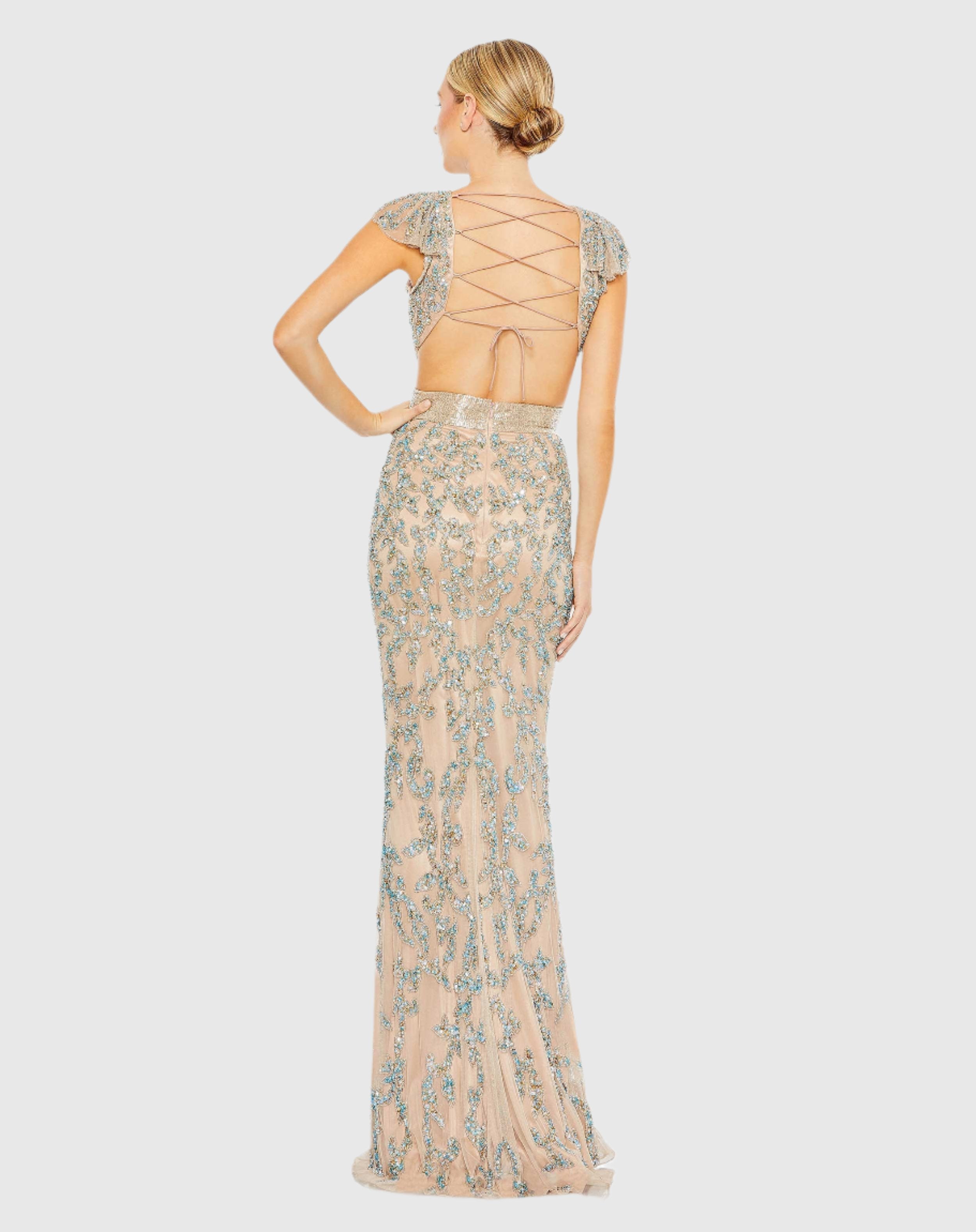 Beige Damask Sequin Embellished Open Back Lace Up Cap Sleeve Gown