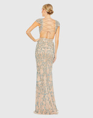 Beige Damask Sequin Embellished Open Back Lace Up Cap Sleeve Gown