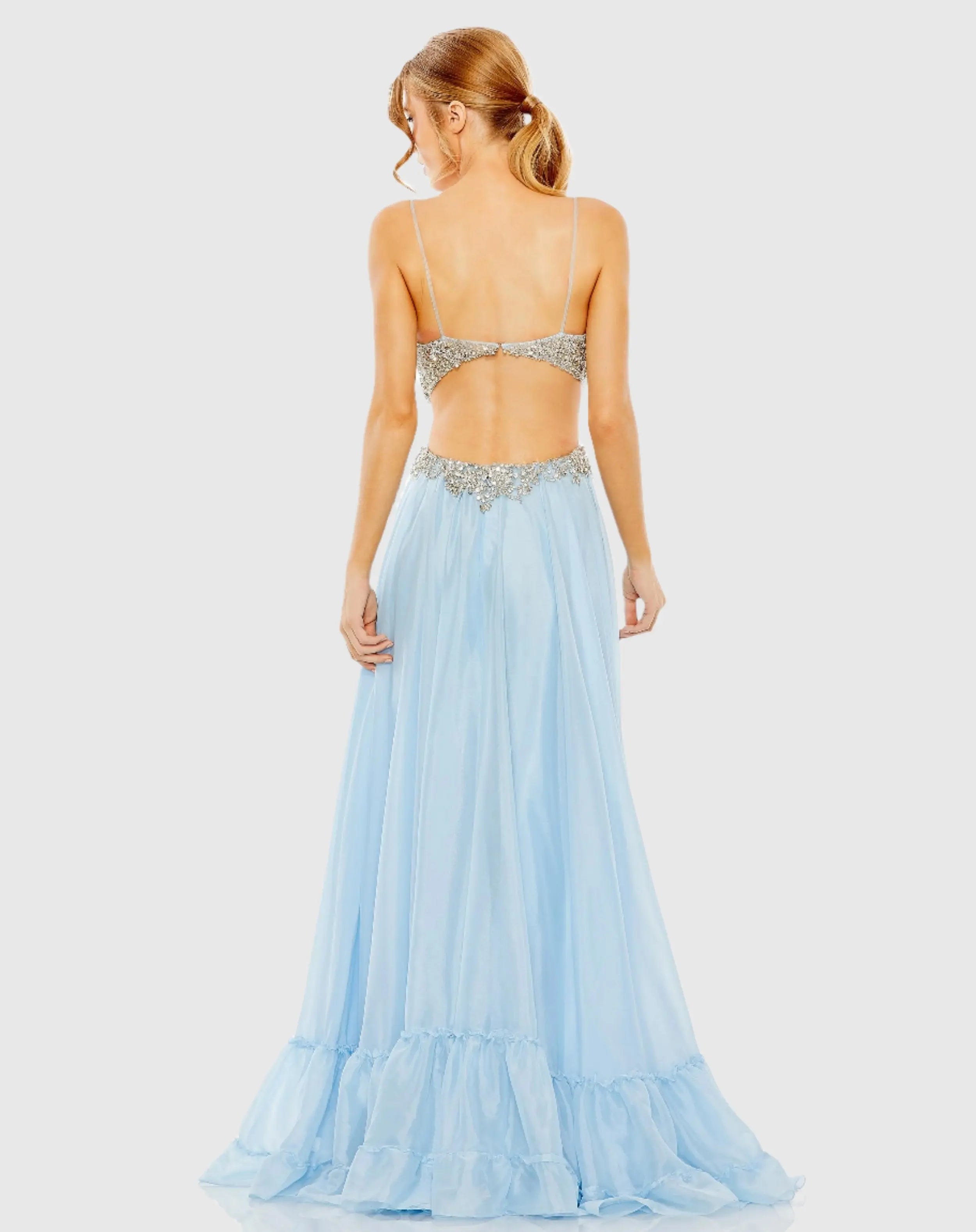 Blue Embellished Cut Out Open Back High Low Gown