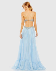 Blue Embellished Cut Out Open Back High Low Gown