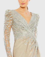 Beige Embellished Faux Wrap Illusion Puff Sleeve Gown