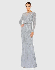 Blue Embellished Illusion High Neck Long Sleeve Gown