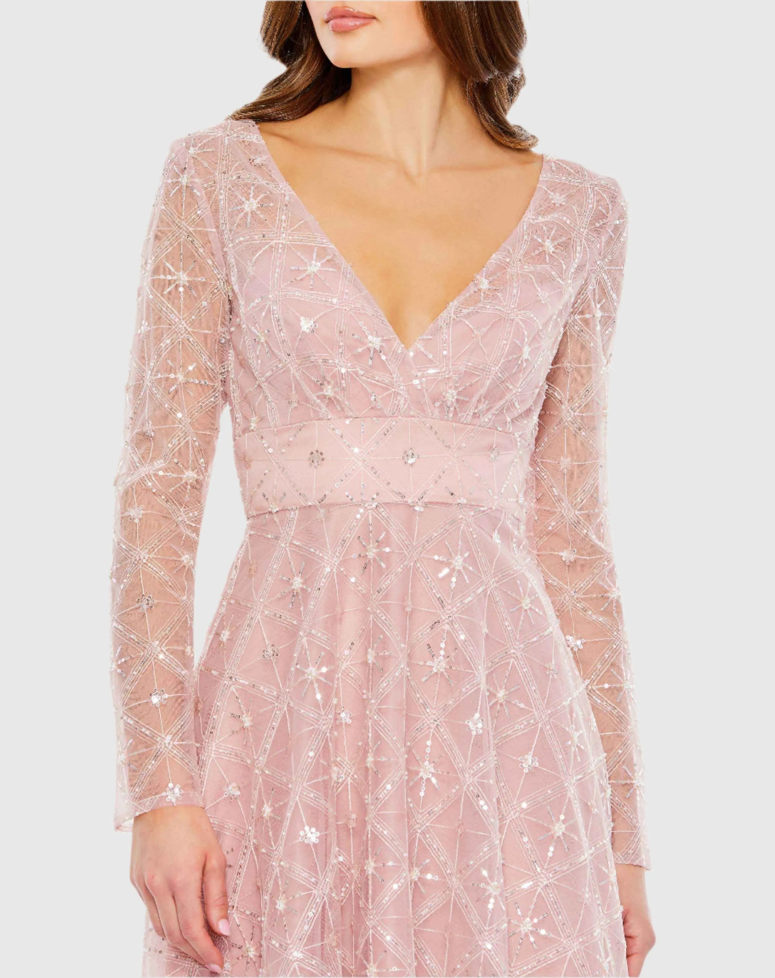 Pink Embellished Illusion Long Sleeve Dress