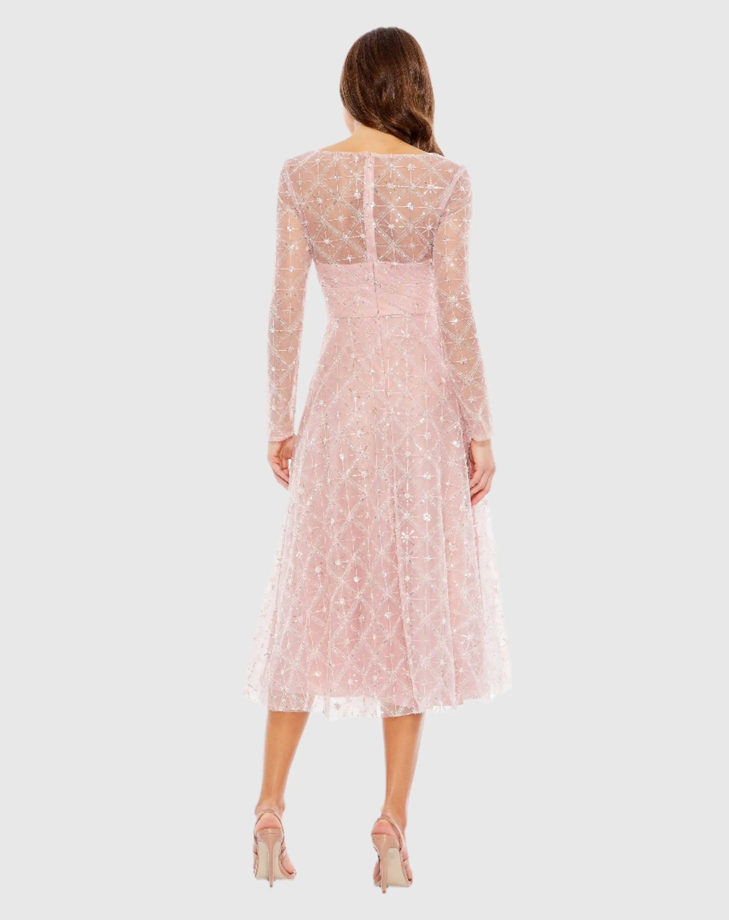 Pink Embellished Illusion Long Sleeve Dress