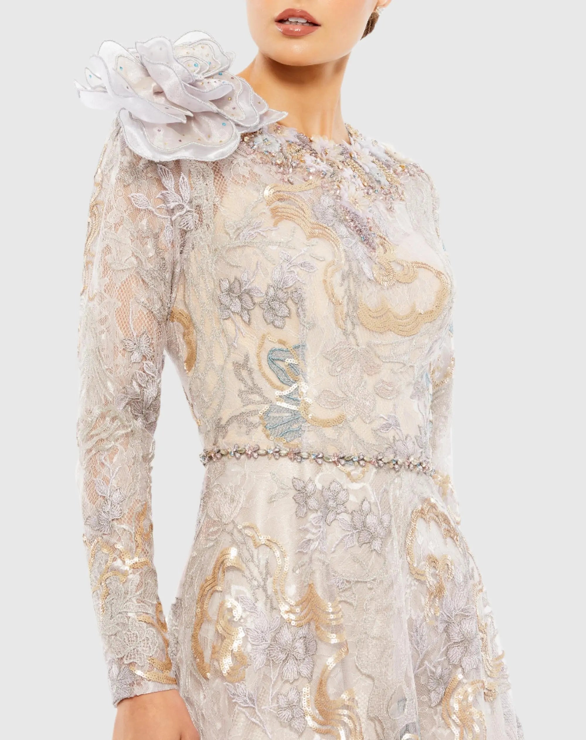 Beige Embellished Long Sleeve High Neck Rose Applique Gown