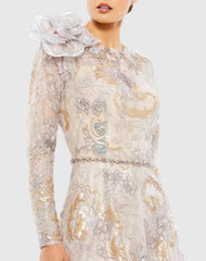 Beige Embellished Long Sleeve High Neck Rose Applique Gown