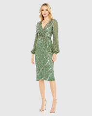 Green Embellished Long Sleeve Midi Dress