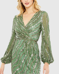 Green Embellished Long Sleeve Midi Dress