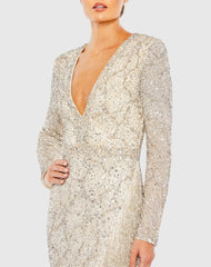 Silver Embellished Long Sleeve V Neck Beaded Hem Gown