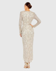 Silver Embellished Long Sleeve V Neck Beaded Hem Gown