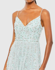 Blue Embellished Ruffled Spaghetti Strap A Line Gown