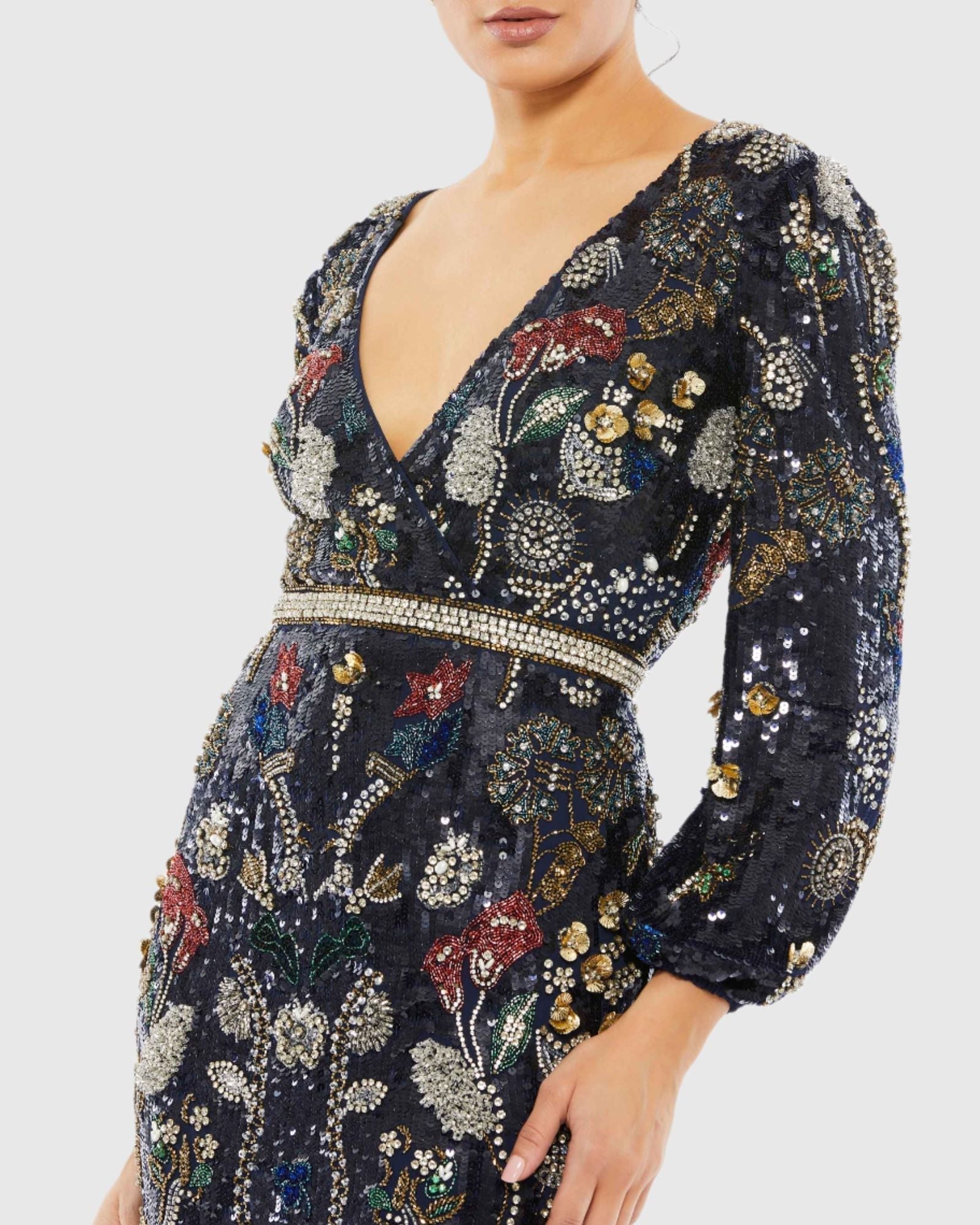 Navy Embellished Wrap Over Bishop Sleeve Gown