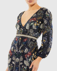 Navy Embellished Wrap Over Bishop Sleeve Gown