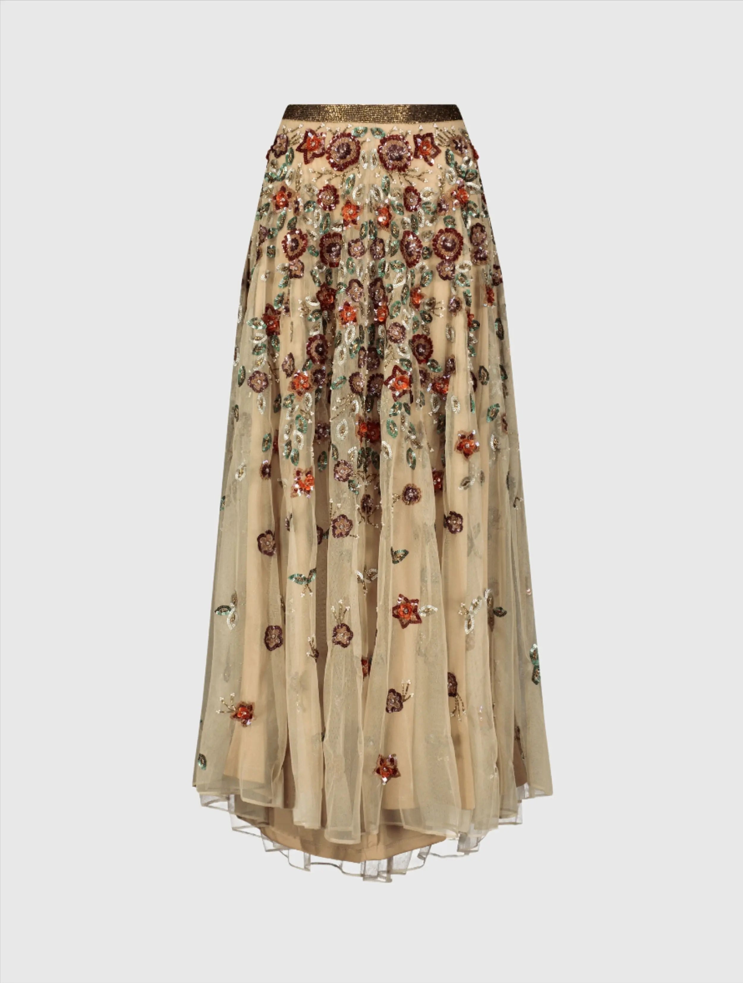 Beige Floral Beaded Long Chiffon Skirt