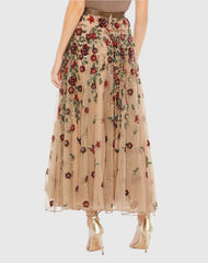 Beige Floral Beaded Long Chiffon Skirt