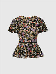 Black Floral Embellished Butterfly Sleeve Peplum Top - FINAL SALE