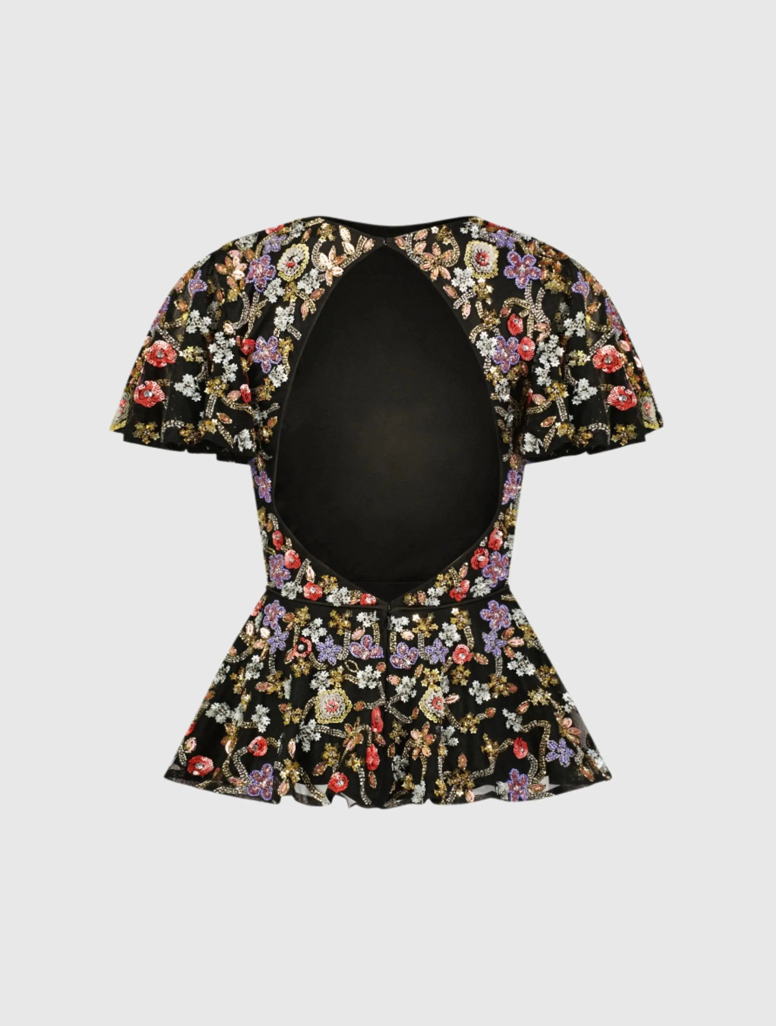 Black Floral Embellished Butterfly Sleeve Peplum Top - FINAL SALE