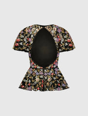 Black Floral Embellished Butterfly Sleeve Peplum Top - FINAL SALE