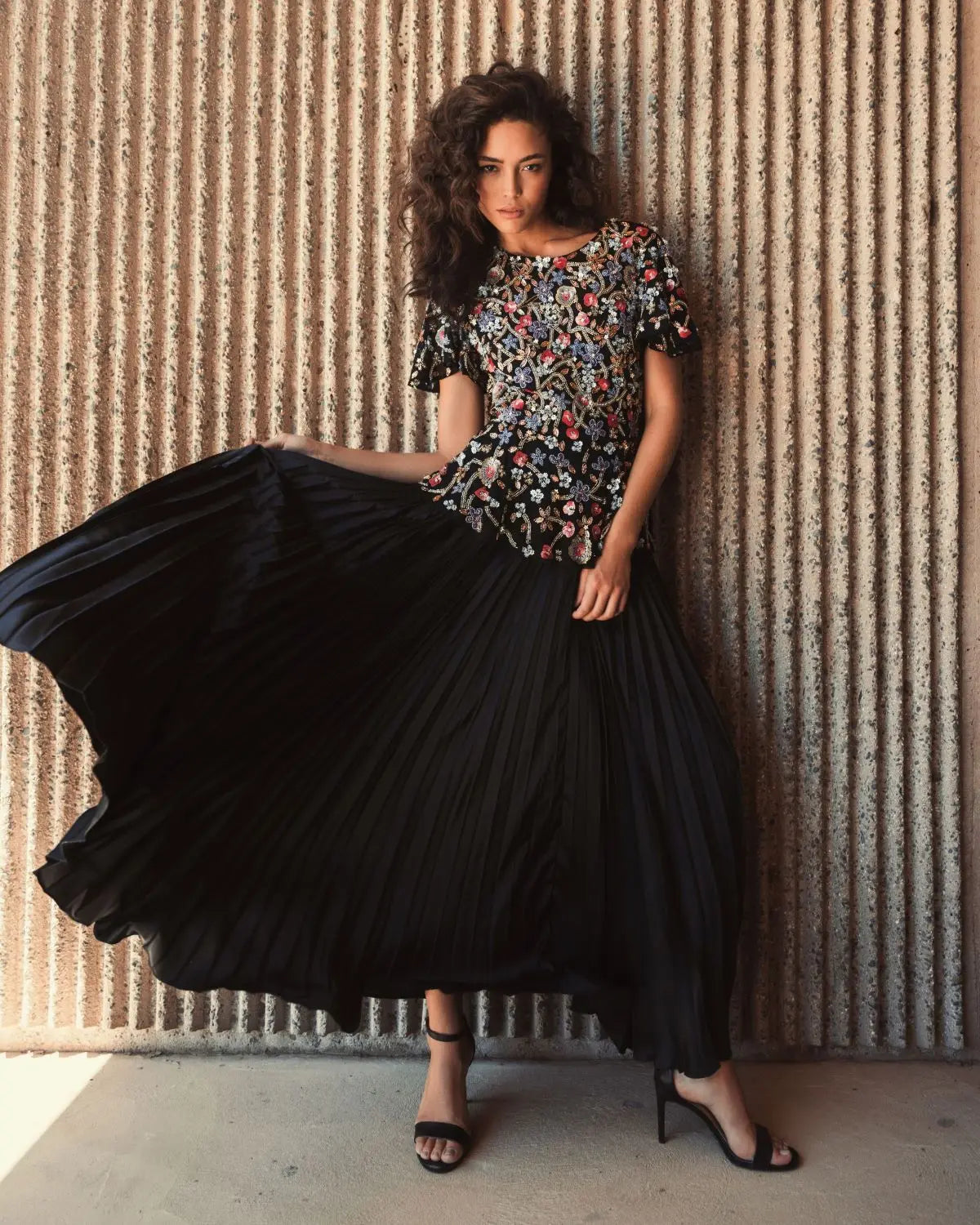 Black Floral Embellished Butterfly Sleeve Peplum Top - FINAL SALE