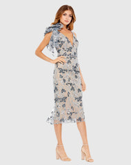 Multicolor Floral Embellished V-neck Midi Dress with Shoulder Bow